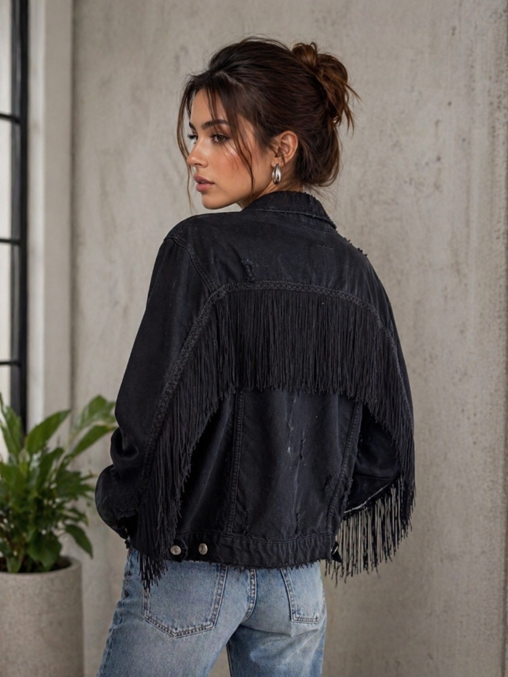 ZARA WOMAN Black Distressed Denim Jacket with Fringe Detail Oversized